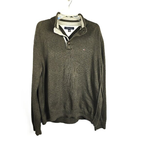 Tommy Hilfiger Mens High Collar Sweater XL Olive Green Long Sleeve 3-Button - Picture 1 of 8